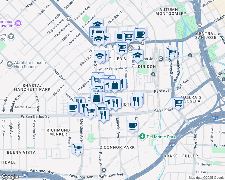 map of restaurants, bars, coffee shops, grocery stores, and more near 1042 Park Avenue in San Jose