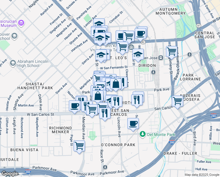 map of restaurants, bars, coffee shops, grocery stores, and more near 1042 Park Avenue in San Jose