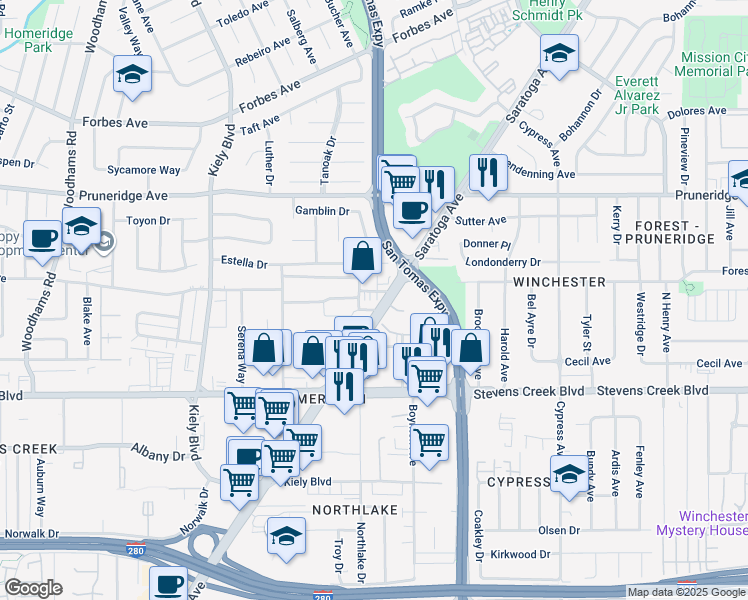 map of restaurants, bars, coffee shops, grocery stores, and more near 122 Saratoga Avenue in Santa Clara