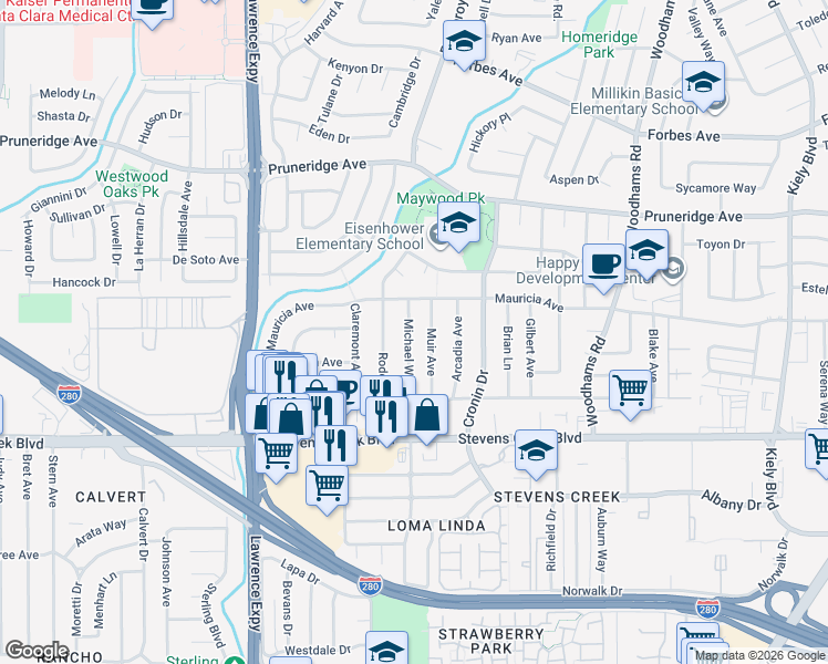 map of restaurants, bars, coffee shops, grocery stores, and more near 146 Muir Avenue in Santa Clara