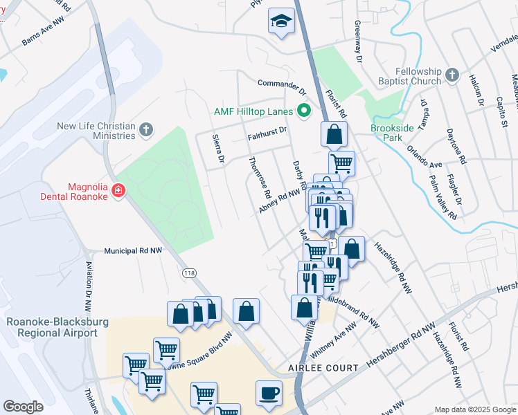 map of restaurants, bars, coffee shops, grocery stores, and more near 5608 Thornrose Road Northwest in Roanoke