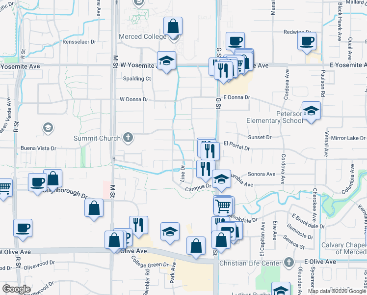 map of restaurants, bars, coffee shops, grocery stores, and more near 353 Stannous Court in Merced