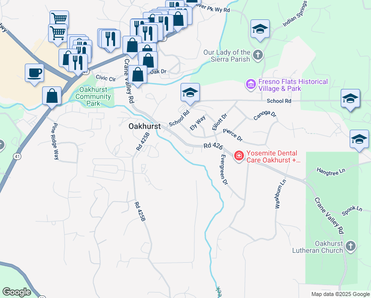 map of restaurants, bars, coffee shops, grocery stores, and more near 49484 Road 426 in Oakhurst