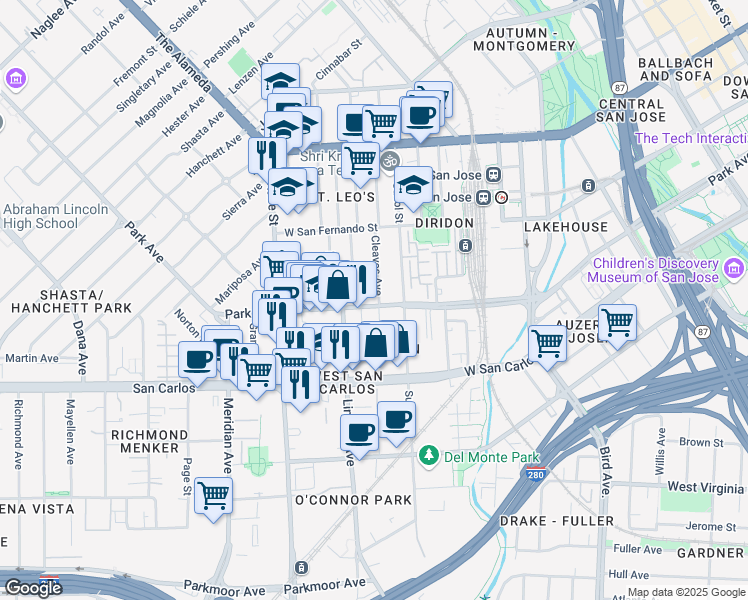 map of restaurants, bars, coffee shops, grocery stores, and more near 909 Park Avenue in San Jose