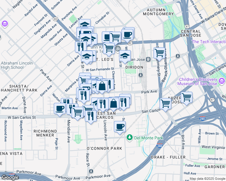 map of restaurants, bars, coffee shops, grocery stores, and more near 909 Park Avenue in San Jose