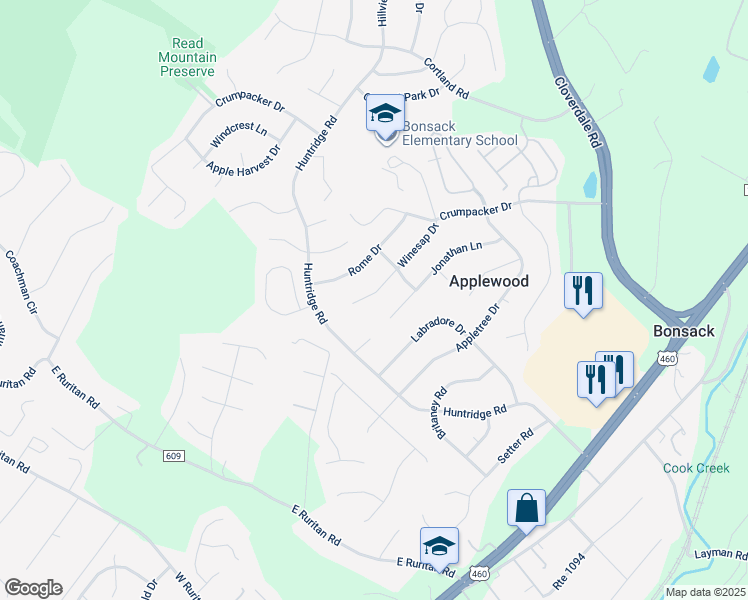 map of restaurants, bars, coffee shops, grocery stores, and more near 5538 Winesap Drive in Roanoke