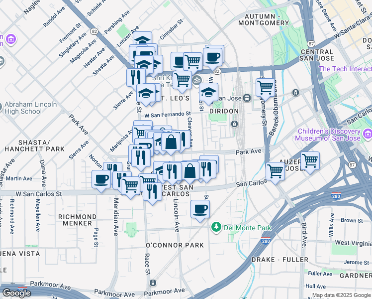 map of restaurants, bars, coffee shops, grocery stores, and more near 953 Park Avenue in San Jose