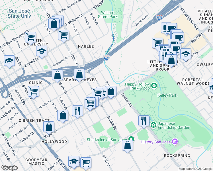 map of restaurants, bars, coffee shops, grocery stores, and more near 1001 South 12th Street in San Jose