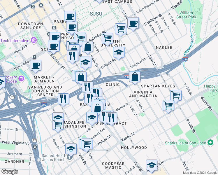 map of restaurants, bars, coffee shops, grocery stores, and more near 754 South 3rd Street in San Jose