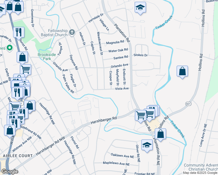 map of restaurants, bars, coffee shops, grocery stores, and more near 5304 Cooper Street in Hollins