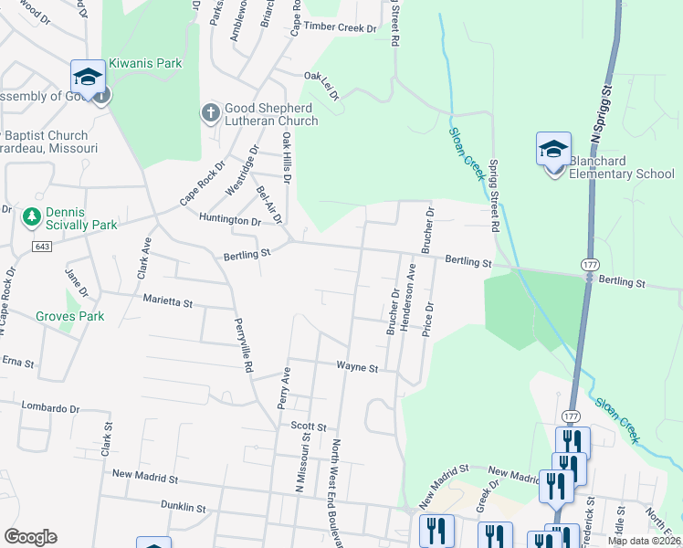 map of restaurants, bars, coffee shops, grocery stores, and more near 1541 North West End Boulevard in Cape Girardeau