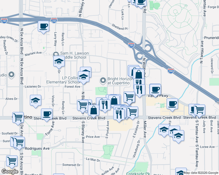 map of restaurants, bars, coffee shops, grocery stores, and more near 10211 Colby Avenue in Cupertino