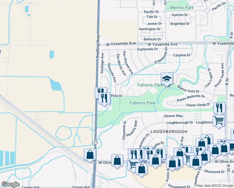 map of restaurants, bars, coffee shops, grocery stores, and more near 3502 Sarasota Avenue in Merced
