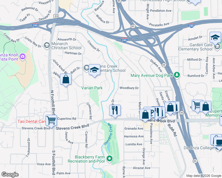 map of restaurants, bars, coffee shops, grocery stores, and more near 10252 Creston Drive in Cupertino