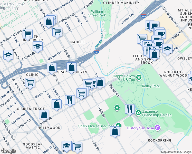 map of restaurants, bars, coffee shops, grocery stores, and more near 1001 South 12th Street in San Jose
