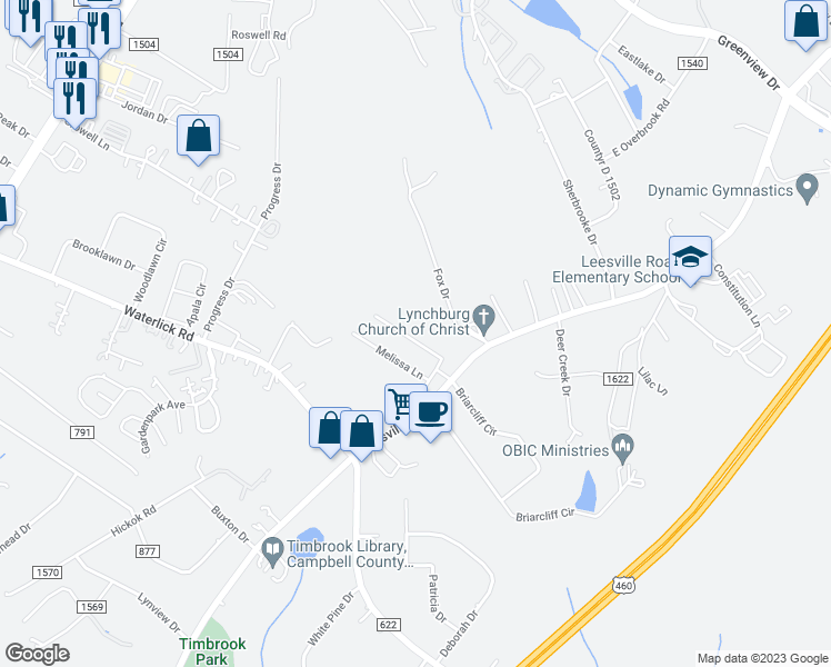 map of restaurants, bars, coffee shops, grocery stores, and more near 19444 Leesville Road in Lynchburg