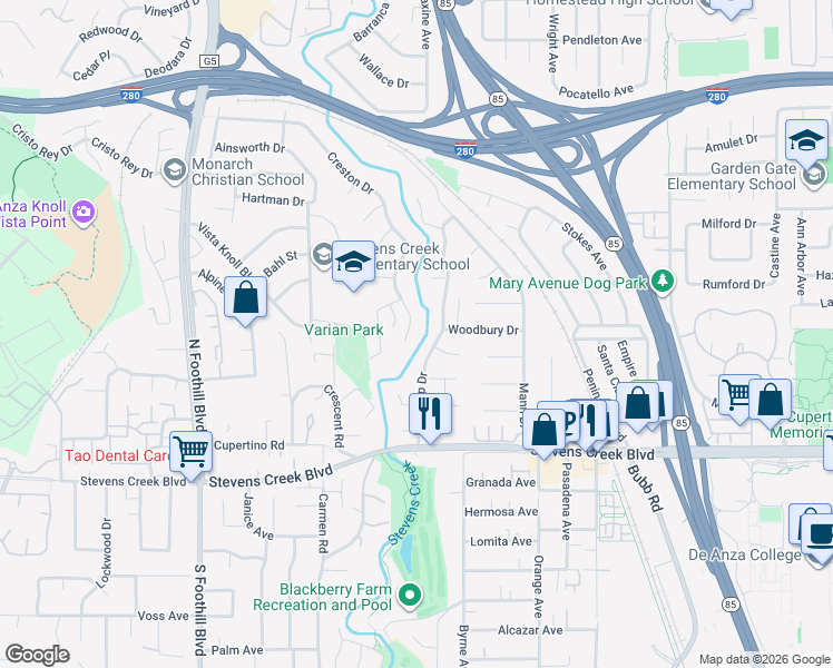 map of restaurants, bars, coffee shops, grocery stores, and more near 10252 Creston Drive in Cupertino