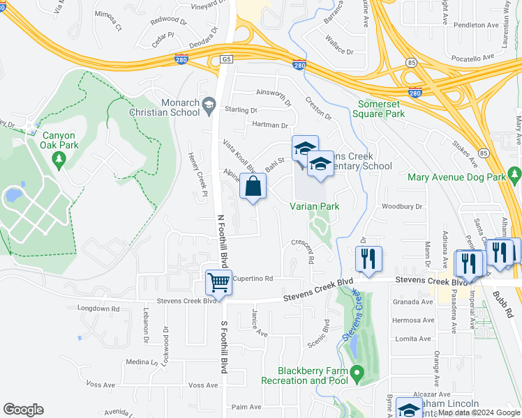 map of restaurants, bars, coffee shops, grocery stores, and more near 10226 Alpine Drive in Cupertino