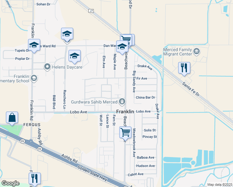 map of restaurants, bars, coffee shops, grocery stores, and more near 2367 Pinedale Avenue in Merced