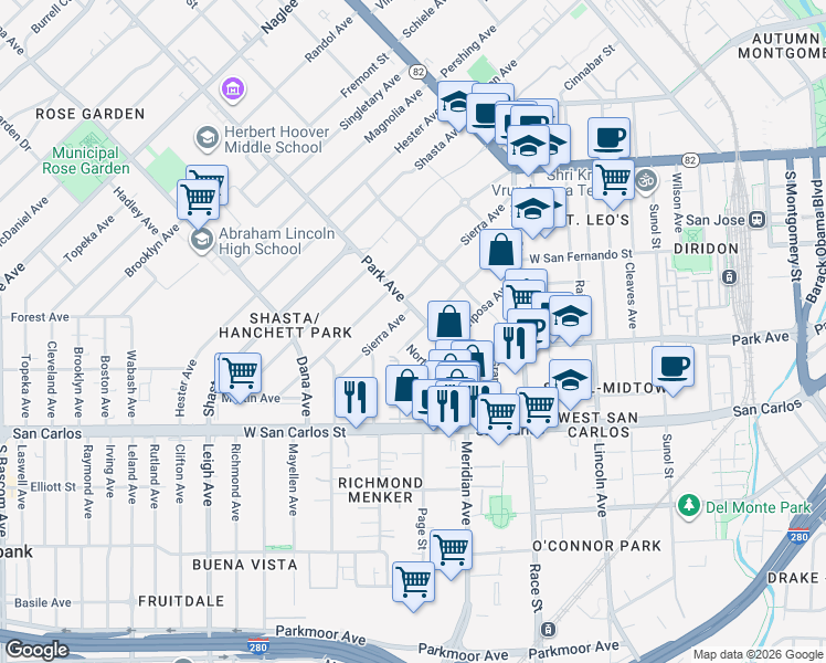 map of restaurants, bars, coffee shops, grocery stores, and more near 80 Norton Avenue in San Jose