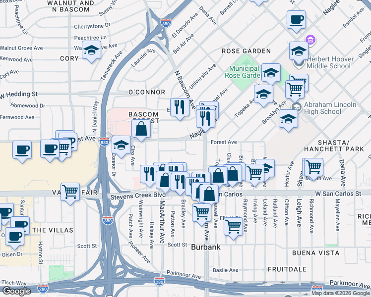 map of restaurants, bars, coffee shops, grocery stores, and more near 1433 Allegado Alley in San Jose