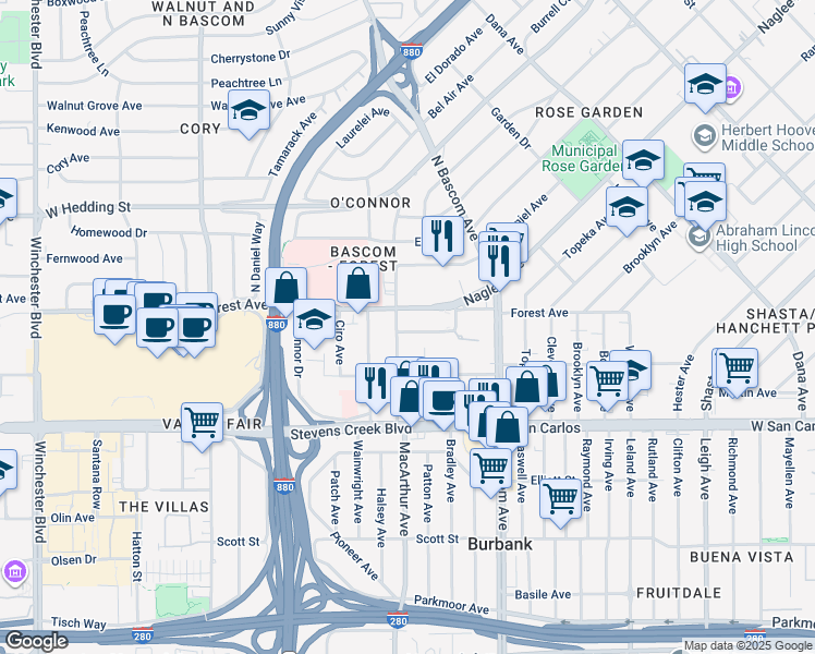 map of restaurants, bars, coffee shops, grocery stores, and more near 2050 Clarmar Way in San Jose