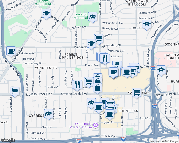map of restaurants, bars, coffee shops, grocery stores, and more near in Santa Clara County