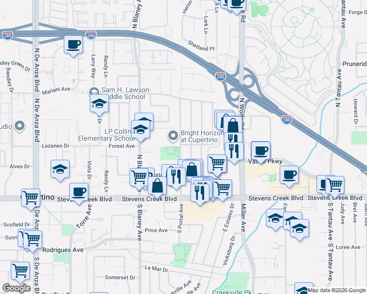map of restaurants, bars, coffee shops, grocery stores, and more near 10211 Colby Avenue in Cupertino
