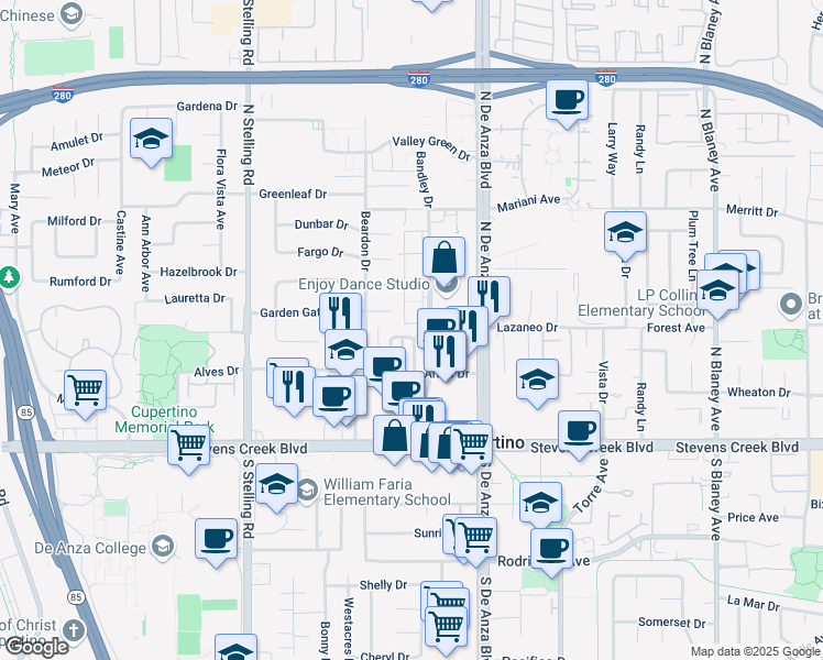 map of restaurants, bars, coffee shops, grocery stores, and more near 20652 Park Circle West in Cupertino