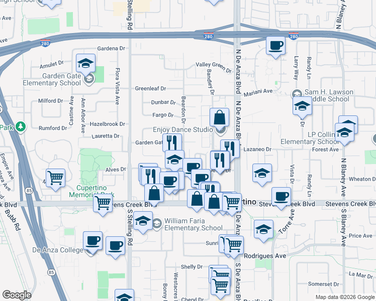 map of restaurants, bars, coffee shops, grocery stores, and more near 10195 Beardon Drive in Cupertino