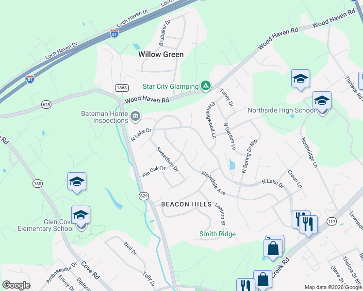 map of restaurants, bars, coffee shops, grocery stores, and more near 5501-5517 Wipledale Ave in Roanoke