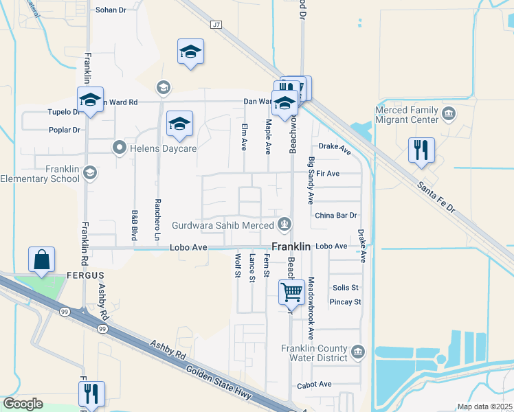 map of restaurants, bars, coffee shops, grocery stores, and more near 2367 Pinedale Avenue in Merced