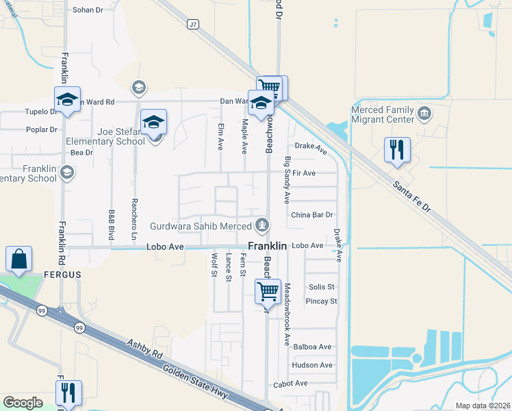 map of restaurants, bars, coffee shops, grocery stores, and more near 2367 Pinedale Avenue in Merced
