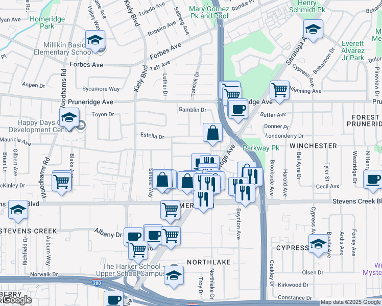 map of restaurants, bars, coffee shops, grocery stores, and more near 151 Buckingham Drive in Santa Clara