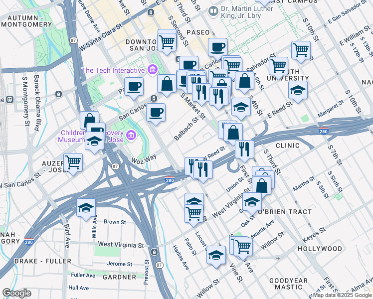 map of restaurants, bars, coffee shops, grocery stores, and more near 181 Pierce Avenue in San Jose
