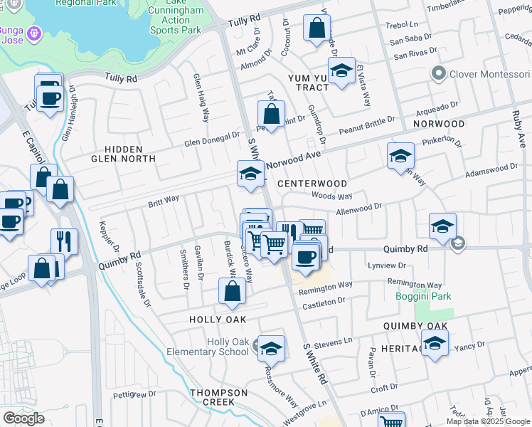 map of restaurants, bars, coffee shops, grocery stores, and more near 2955 Vineyard Park Drive in San Jose