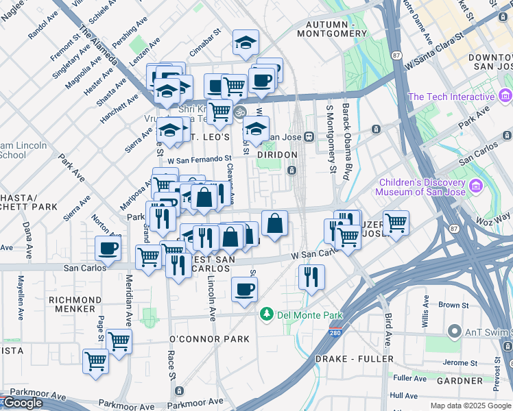 map of restaurants, bars, coffee shops, grocery stores, and more near in San Jose