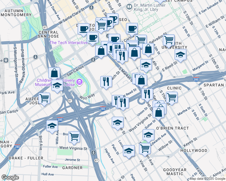 map of restaurants, bars, coffee shops, grocery stores, and more near 181 Pierce Avenue in San Jose