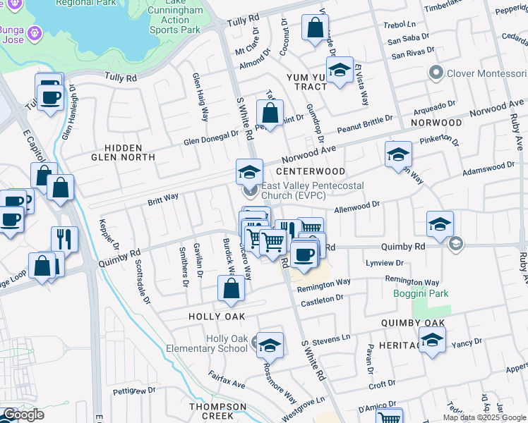 map of restaurants, bars, coffee shops, grocery stores, and more near 2955 Vineyard Park Drive in San Jose