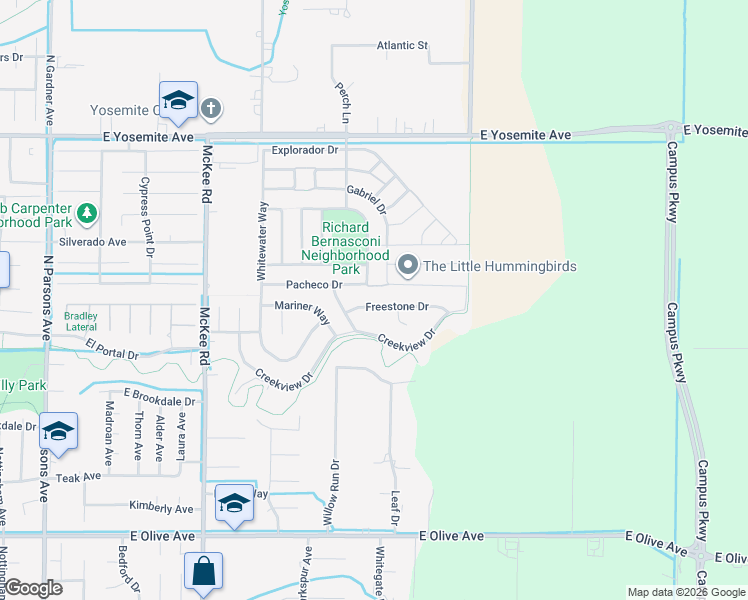 map of restaurants, bars, coffee shops, grocery stores, and more near 2438 Freestone Drive in Merced