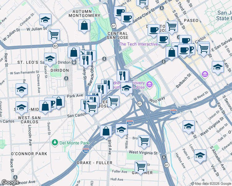 map of restaurants, bars, coffee shops, grocery stores, and more near 378 Gifford Avenue in San Jose