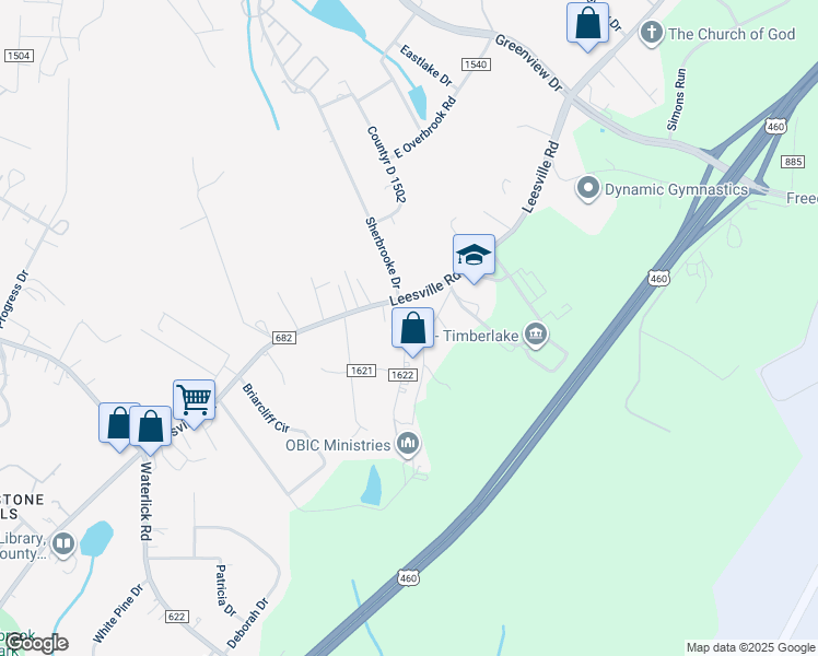 map of restaurants, bars, coffee shops, grocery stores, and more near 256 Oak Hill Drive in Lynchburg
