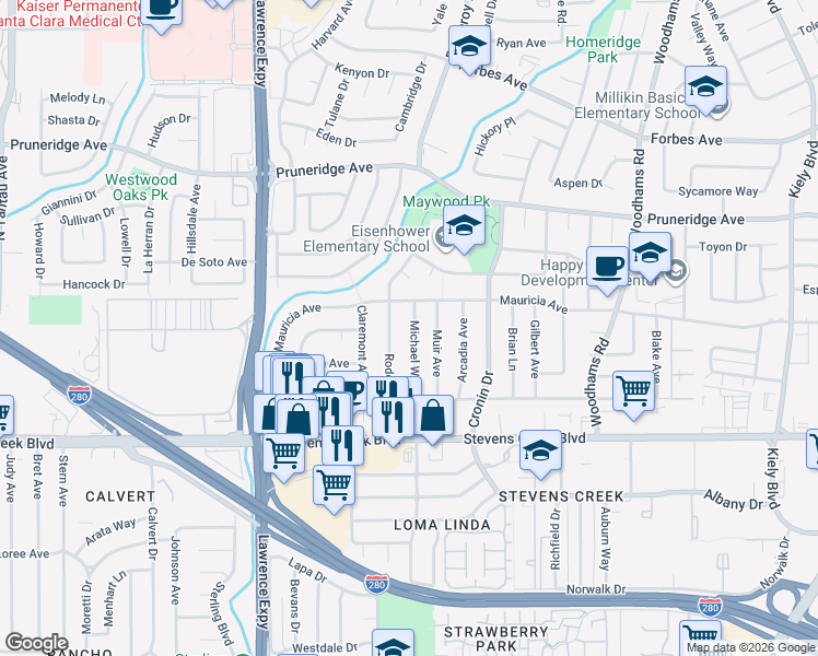 map of restaurants, bars, coffee shops, grocery stores, and more near 158 Michael Way in Santa Clara