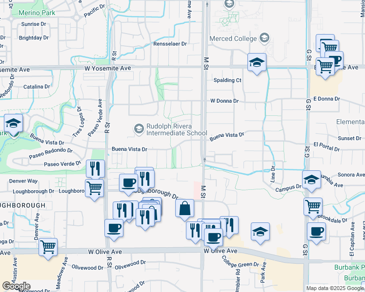 map of restaurants, bars, coffee shops, grocery stores, and more near 3374 San Fernando Court in Merced