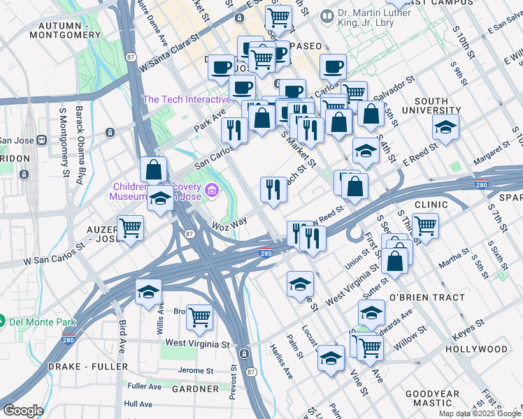 map of restaurants, bars, coffee shops, grocery stores, and more near 488 South Almaden Boulevard in San Jose