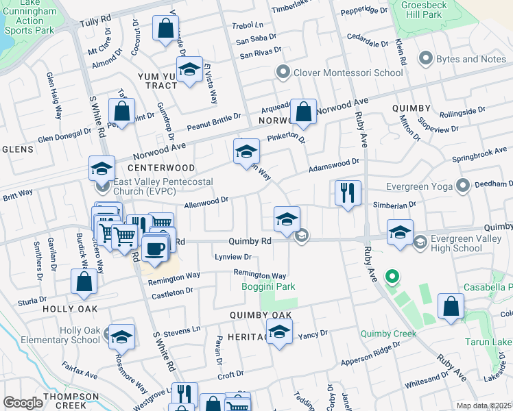 map of restaurants, bars, coffee shops, grocery stores, and more near 2915 Winwood Way in San Jose