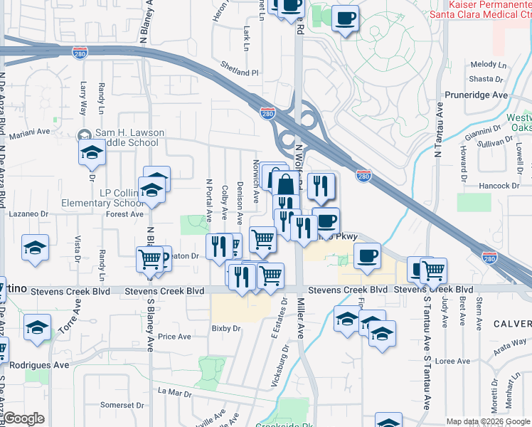 map of restaurants, bars, coffee shops, grocery stores, and more near Perimeter Road in Cupertino