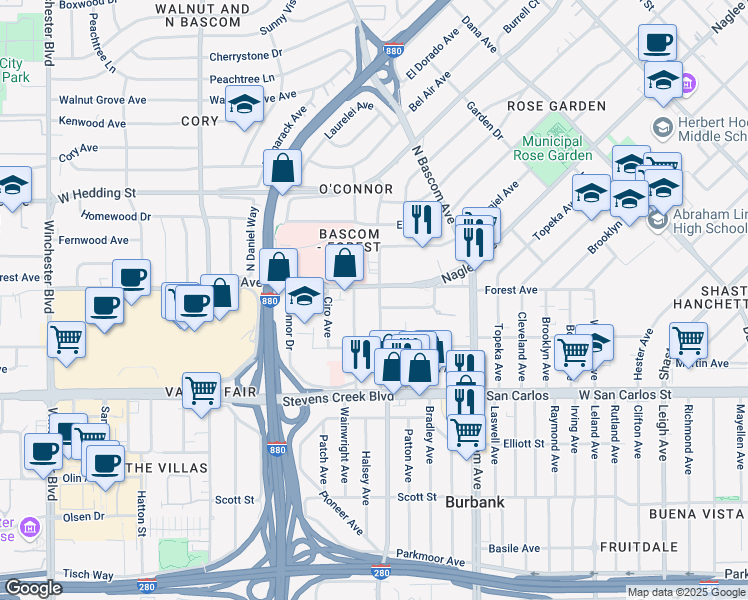 map of restaurants, bars, coffee shops, grocery stores, and more near 2094 Forest Avenue in San Jose