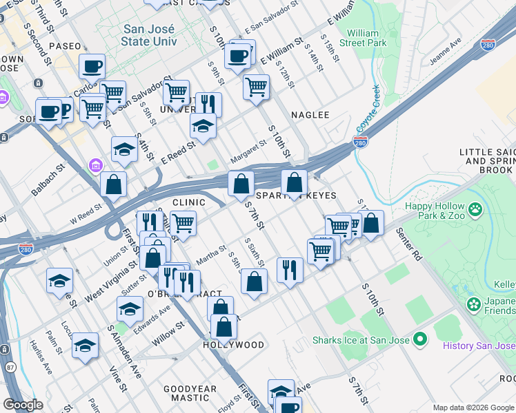 map of restaurants, bars, coffee shops, grocery stores, and more near 853 South 7th Street in San Jose