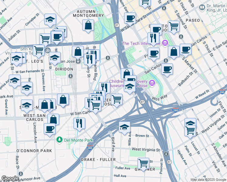 map of restaurants, bars, coffee shops, grocery stores, and more near 478 West San Carlos Street in San Jose
